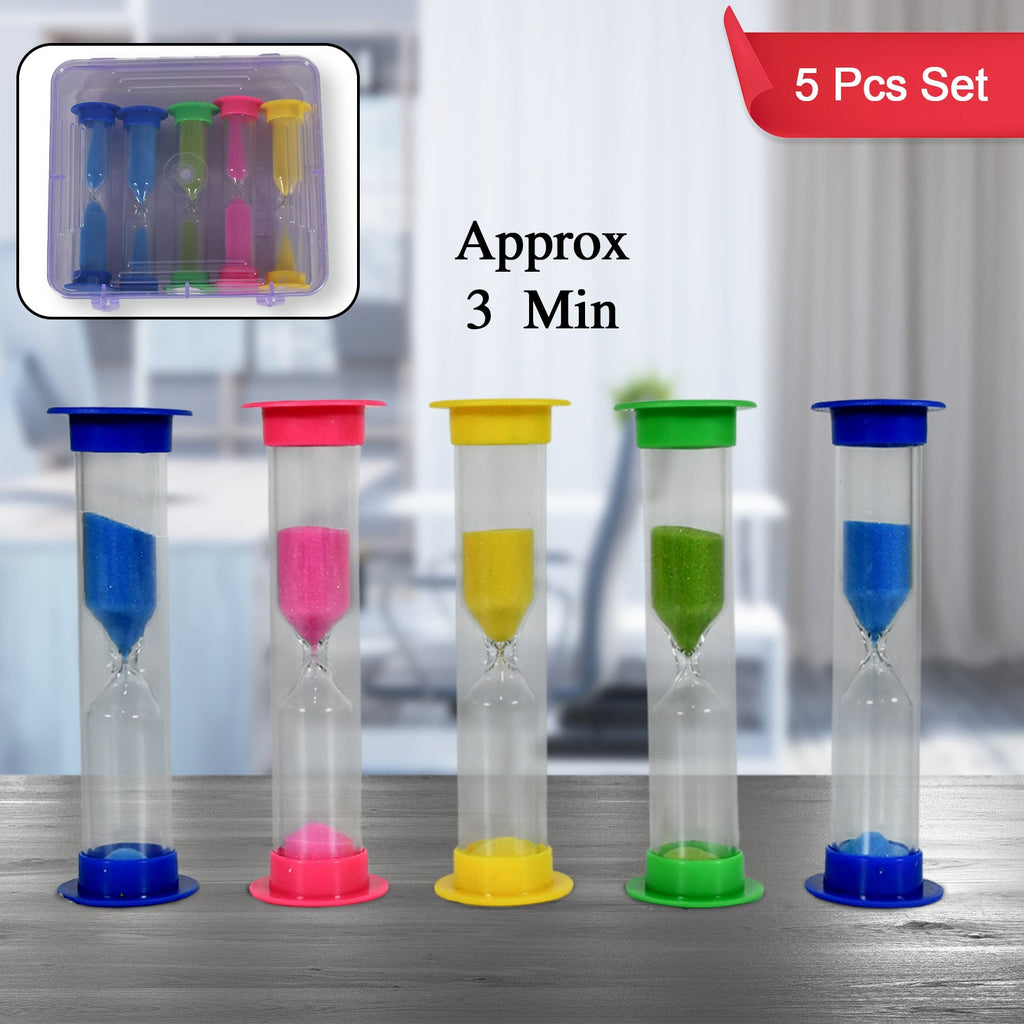 The vibrant 5-piece sand timer set displayed together, showcasing their compact size.