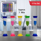 The vibrant 5-piece sand timer set displayed together, showcasing their compact size.
