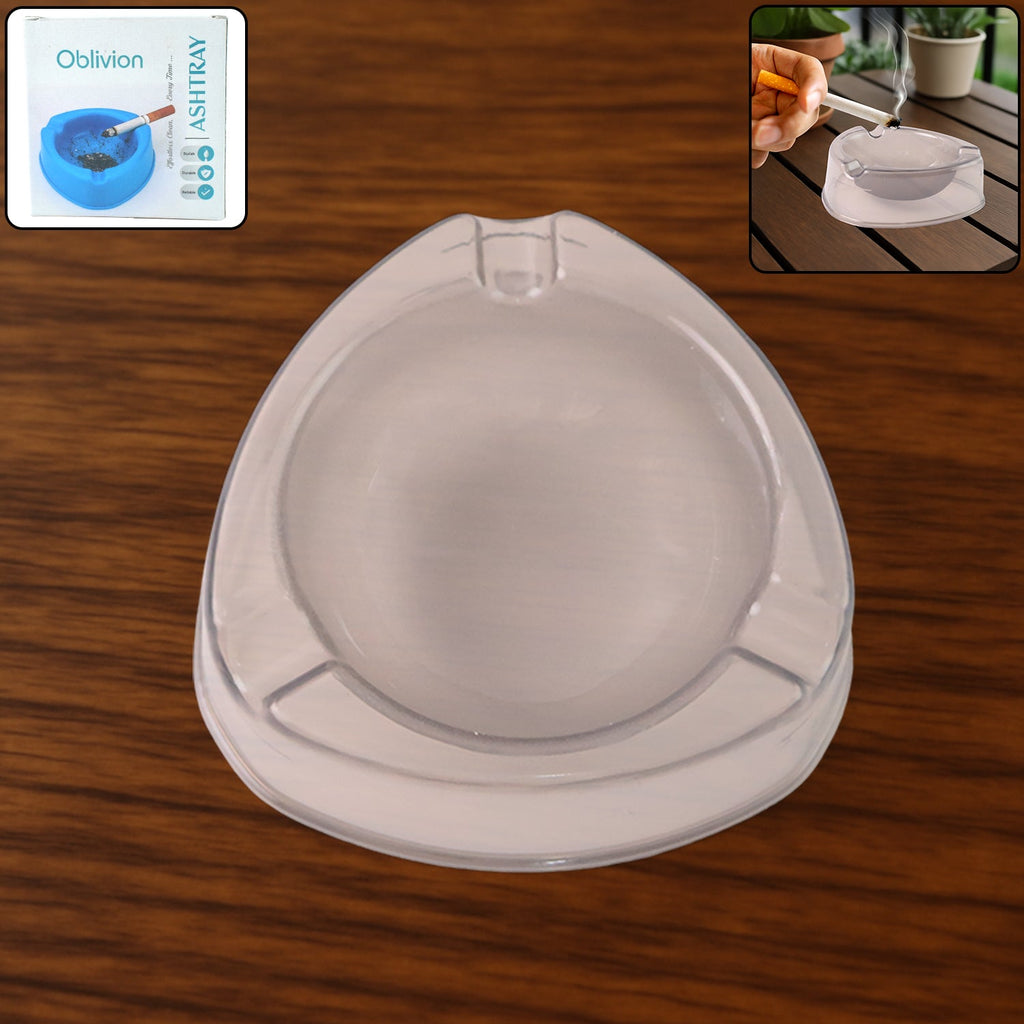 Transparent white ashtray with cigarette holder grooves and modern triangular design