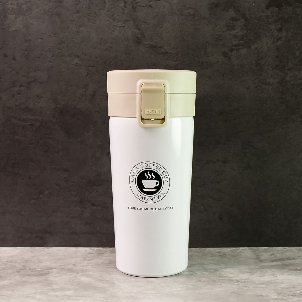 Close-up of  stainless steel vacuum insulated coffee flask showing specifications