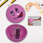 Brightly colored round kids pencil sharpener with fun cartoon designs.