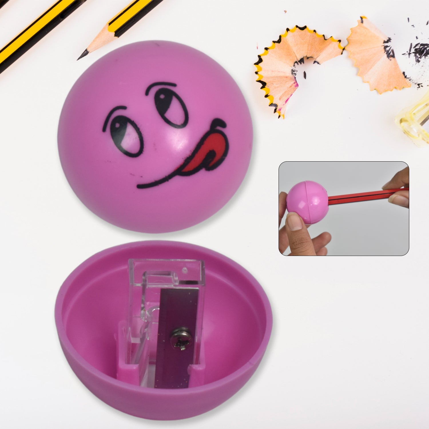 Brightly colored round kids pencil sharpener with fun cartoon designs.