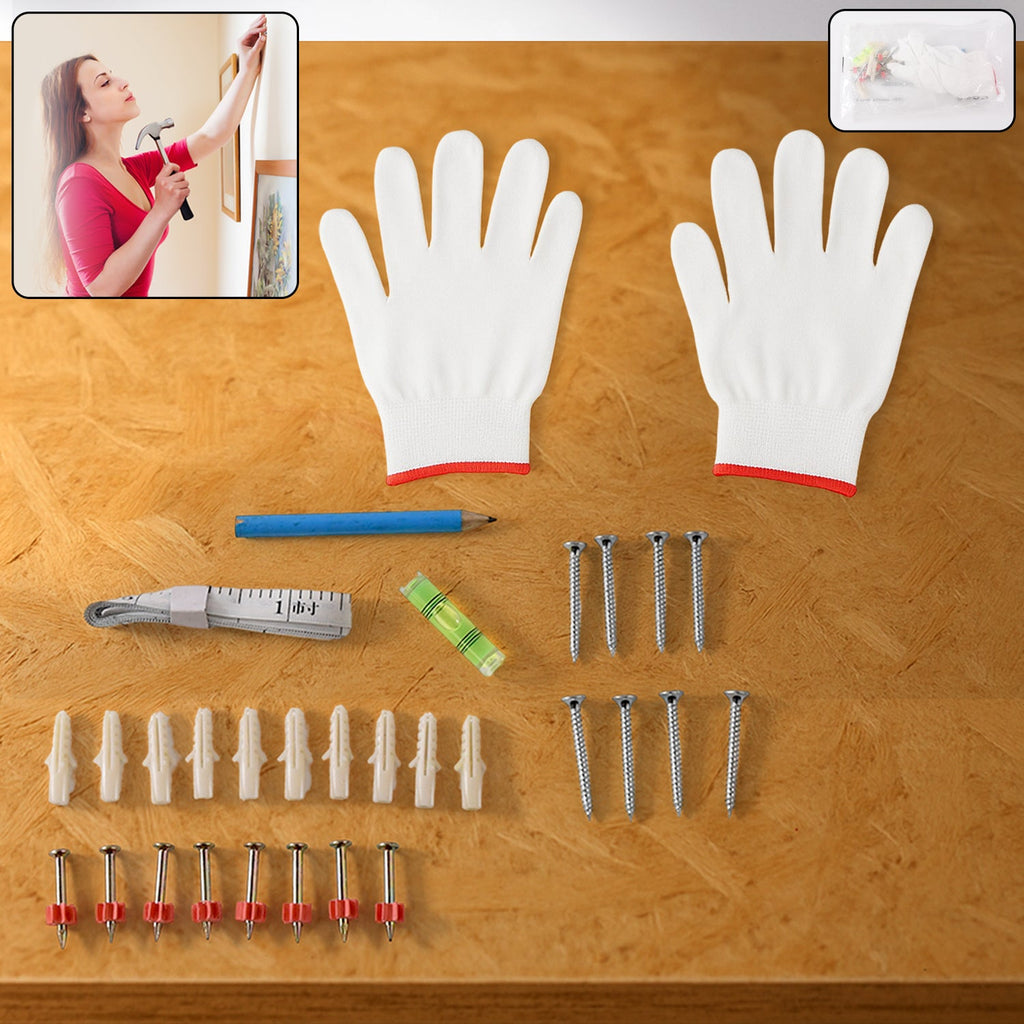 DIY Wall Mounting Kit with safety gloves, screws, spirit level, and measuring tape laid out