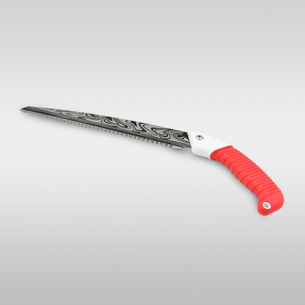 The XcelCraft Hand Pruning Saw displayed with its protective sheath.
