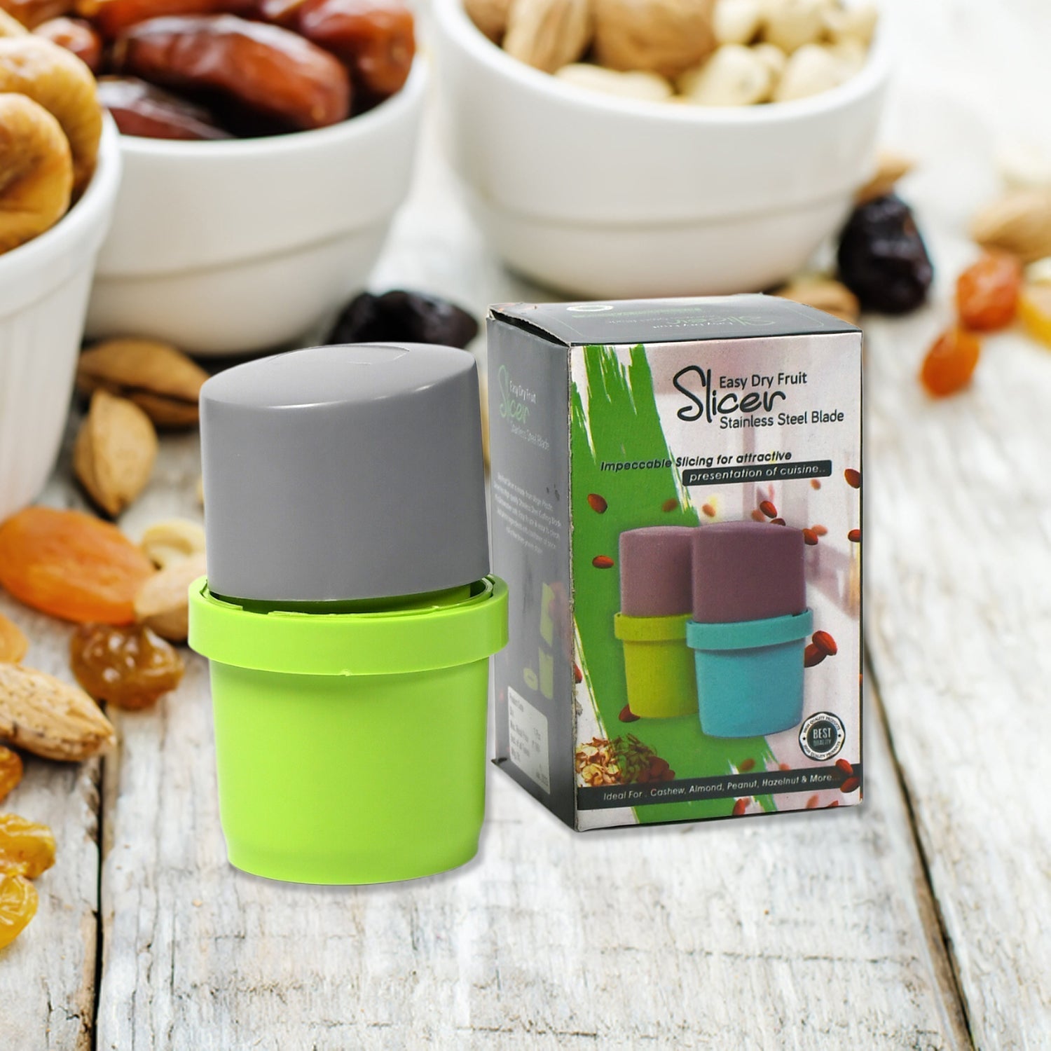 Multicolor 3-in-1 Dry Fruit Slicer for kitchen use.