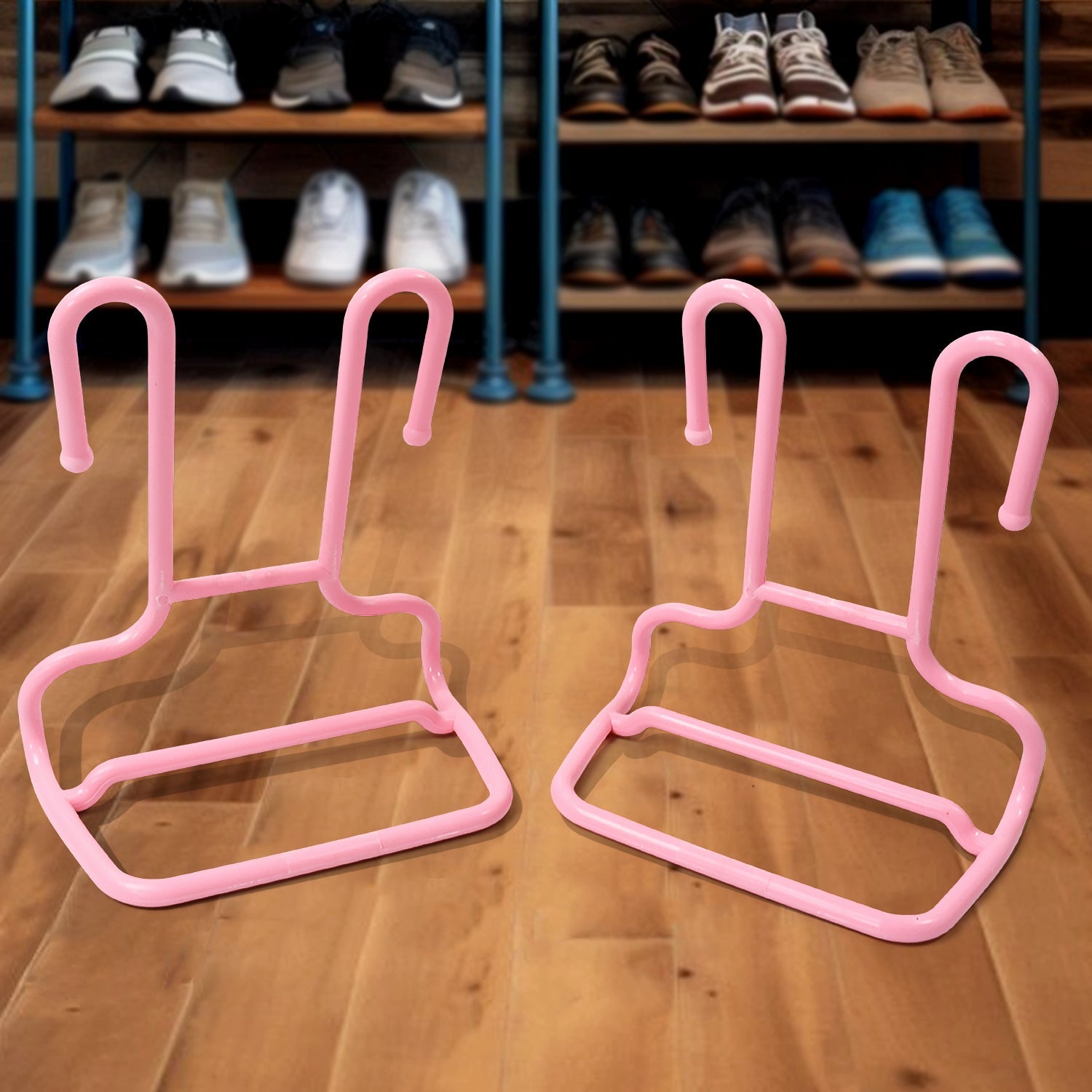 A hanging shoe organizer holding various shoes neatly arranged in a closet.