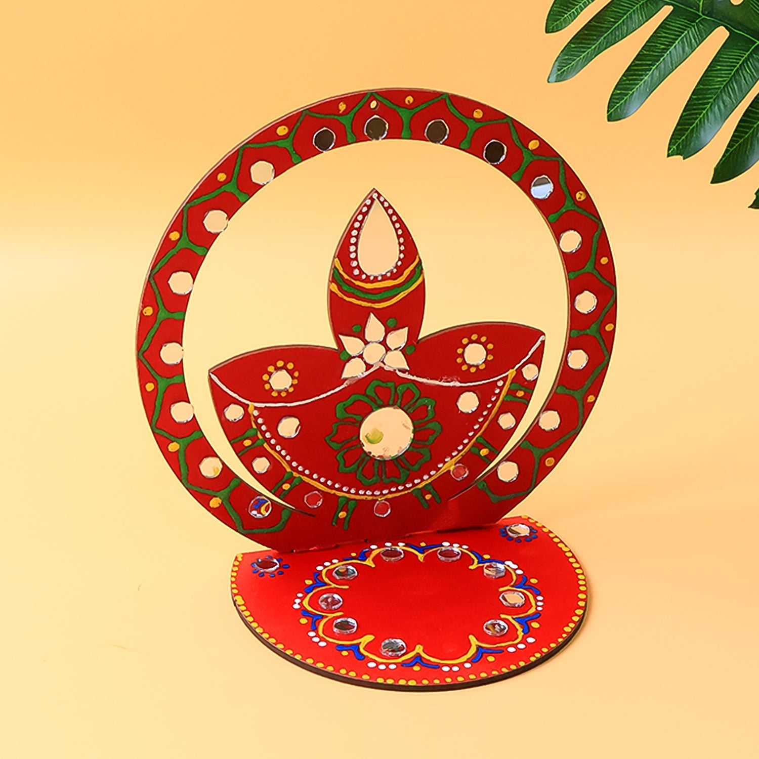 Handcrafted wooden decorative diya stand with hand-painted artwork and stones