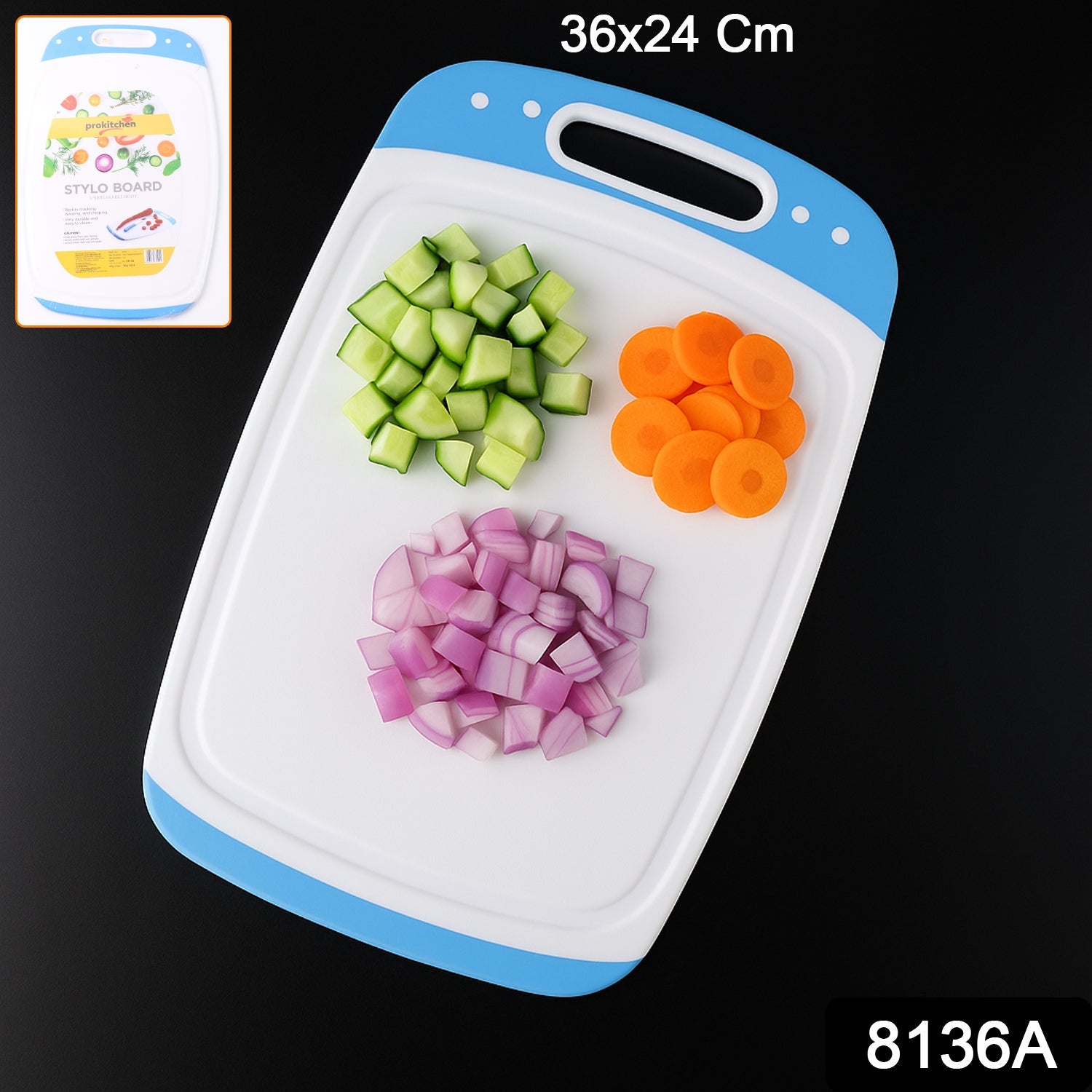 Durable plastic chopping board demonstrating its extra thickness and comfortable grip.