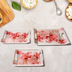 Close-up of the elegant floral printed design on a large plastic serving tray.