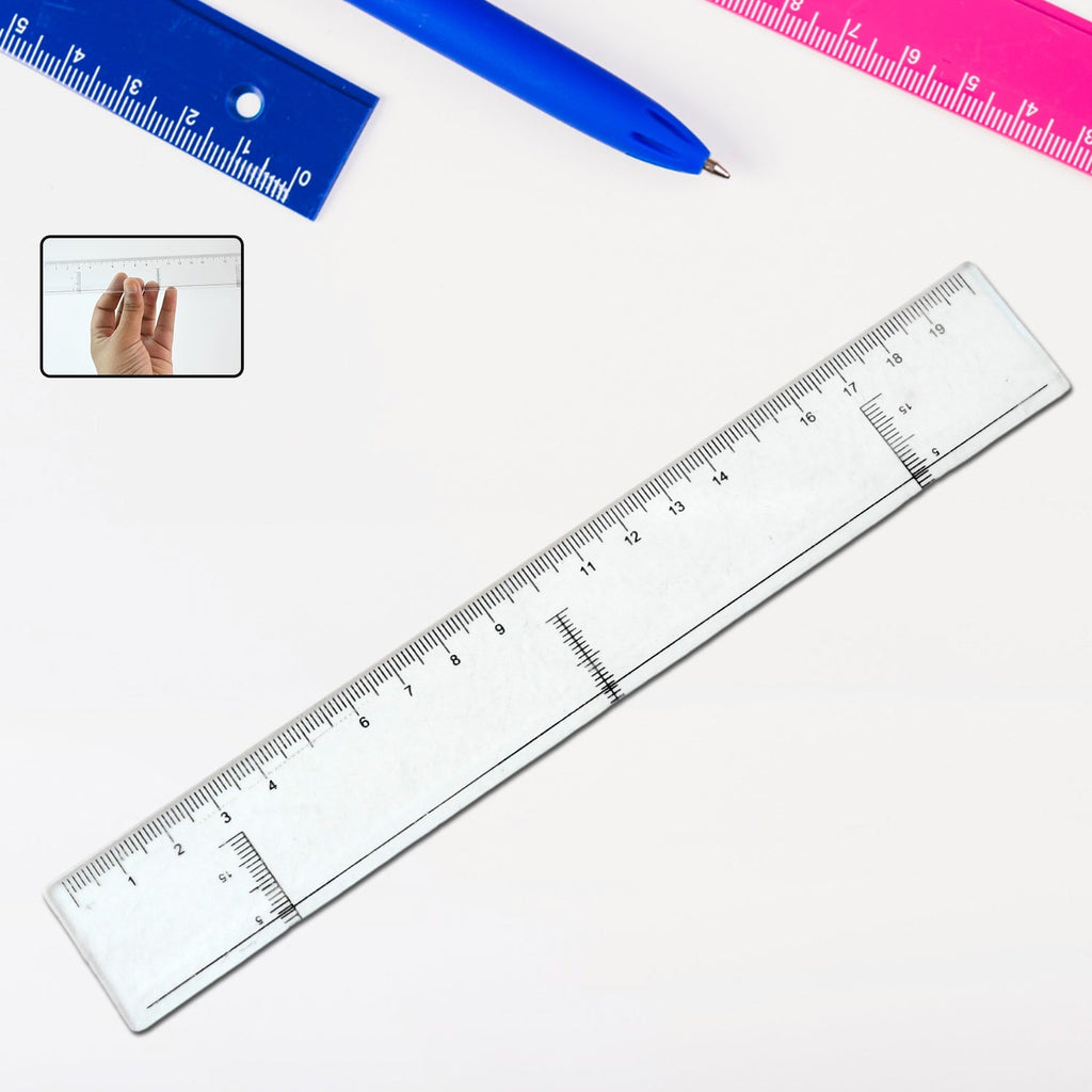 20 cm transparent plastic ruler showing clear dual scale markings