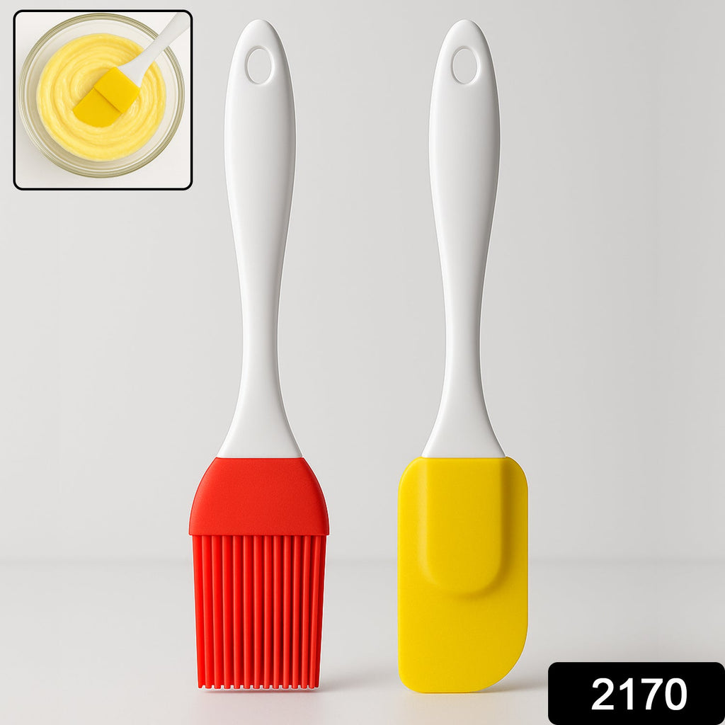 Bright orange silicone spatula and matching pastry brush displayed side-by-side.