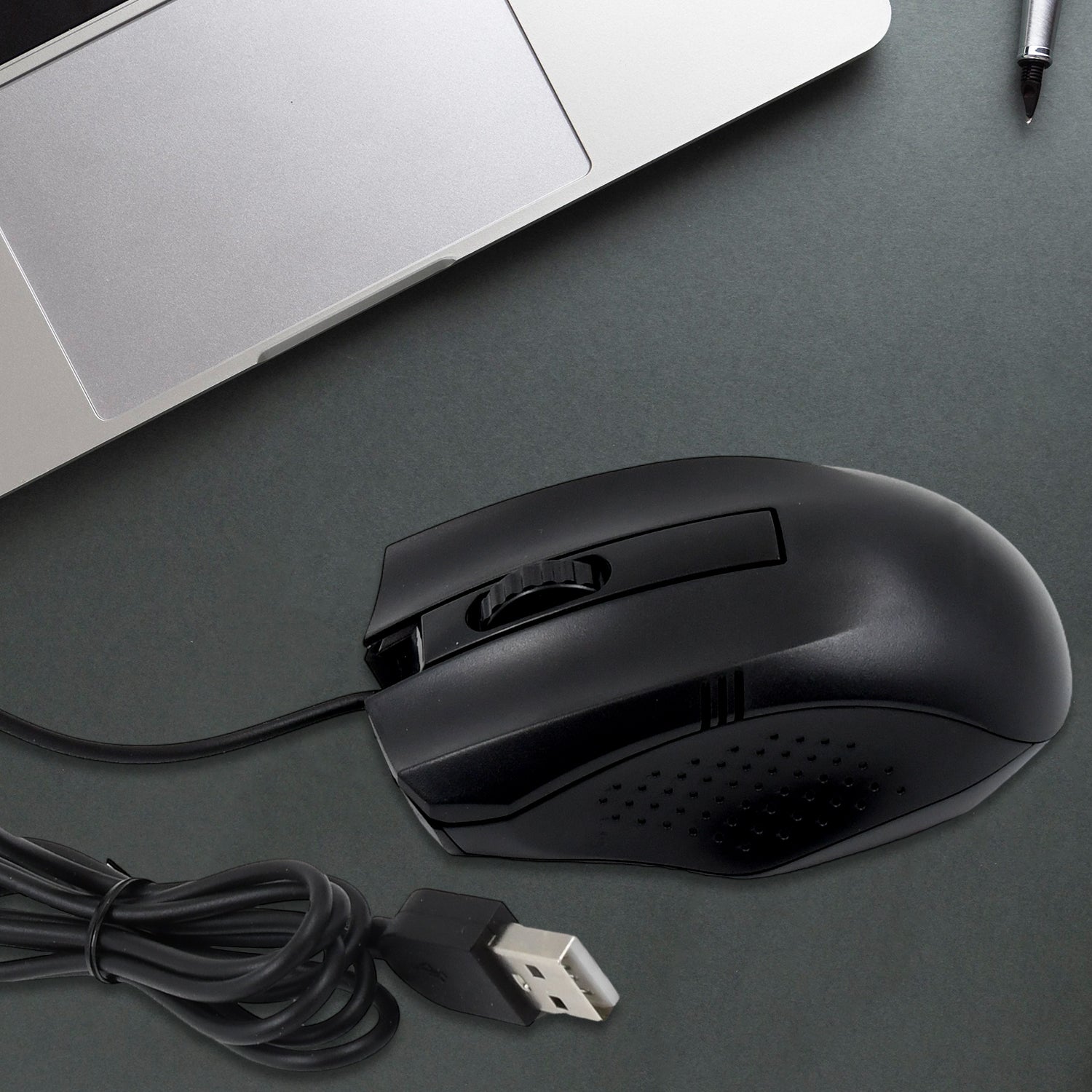 A black wired optical mouse from Compshop with its USB cable clearly visible.