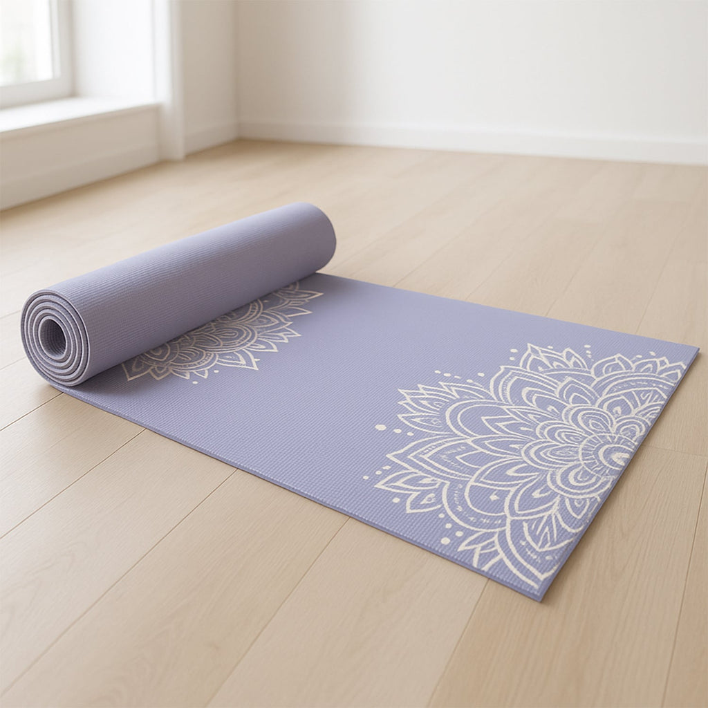 Non-slip printed yoga mat with mandala design rolled out