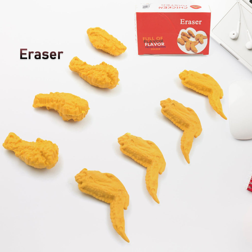 Overhead shot of the chicken erasers set, showcasing the variety of shapes and vibrant yellow and brown colors.