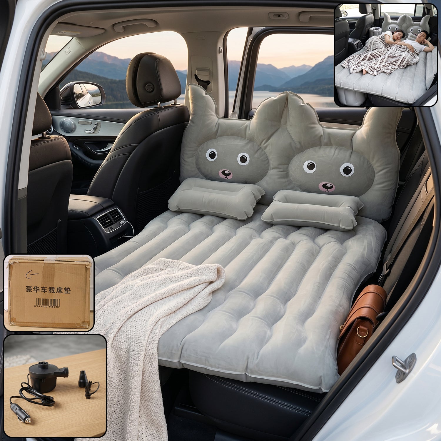 Inflatable car air mattress set with pump and cushions for travel comfort