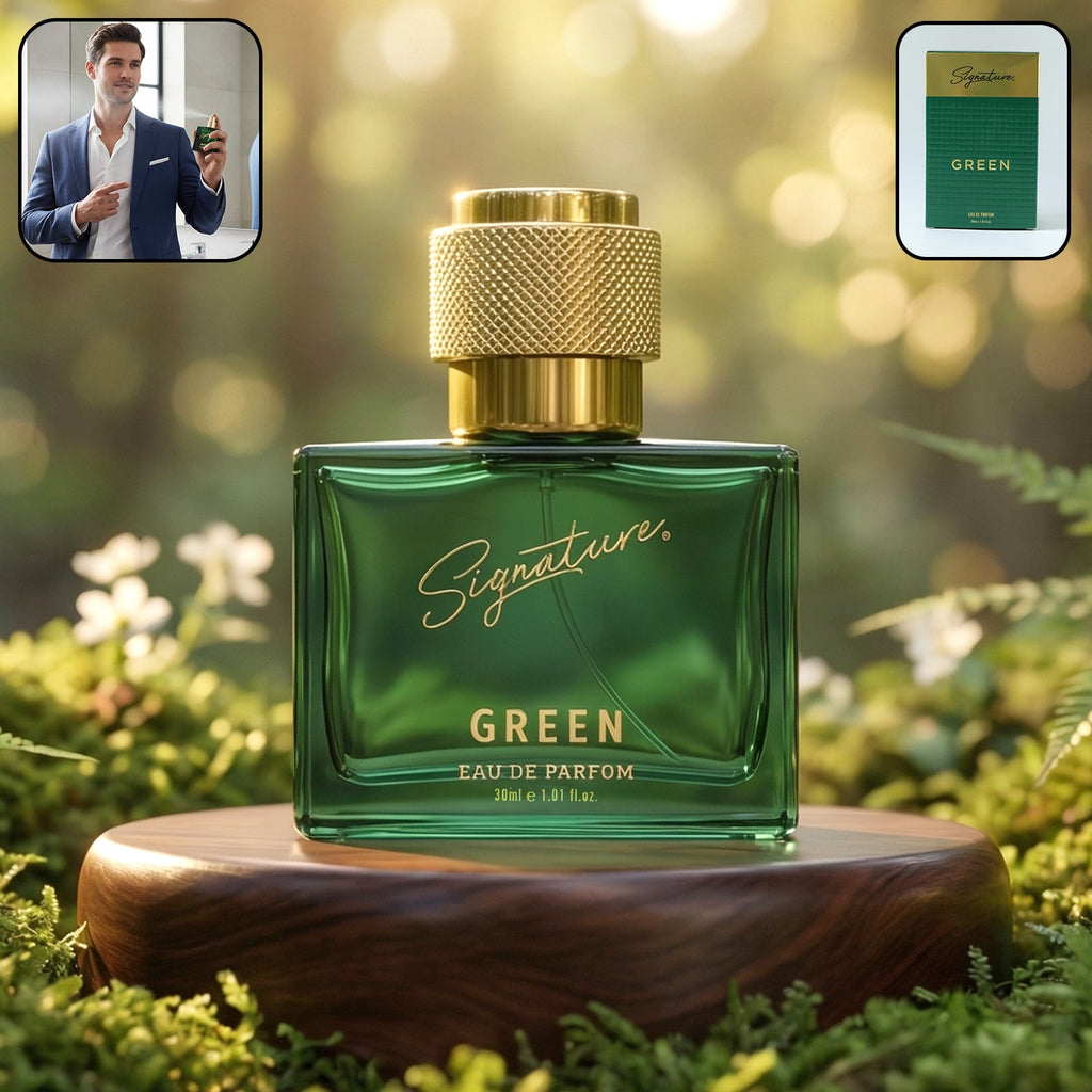 Signature premium green eau de perfume 30 ml bottle highlighting elegant design