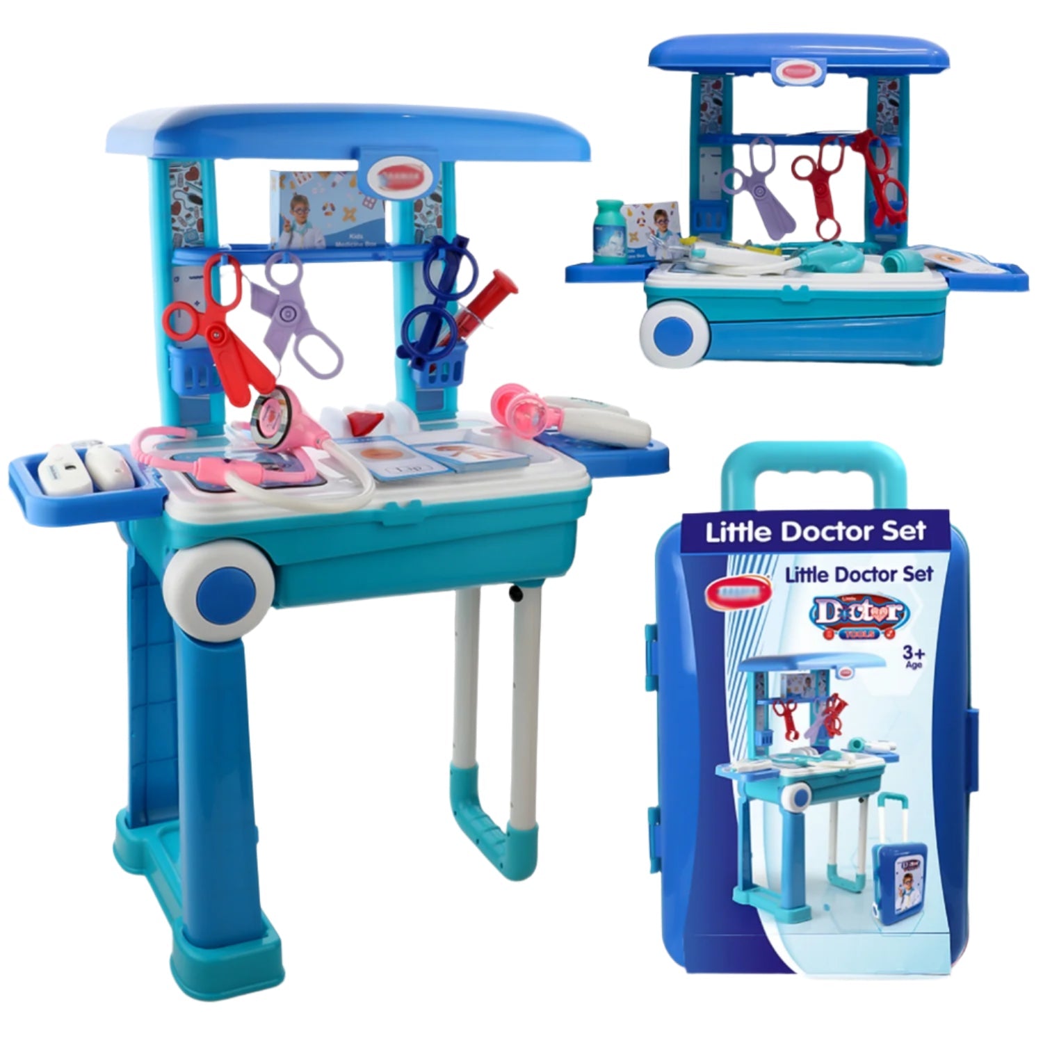 Kids Doctor Set with trolley, LED instruments, and medical tools for imaginative play.