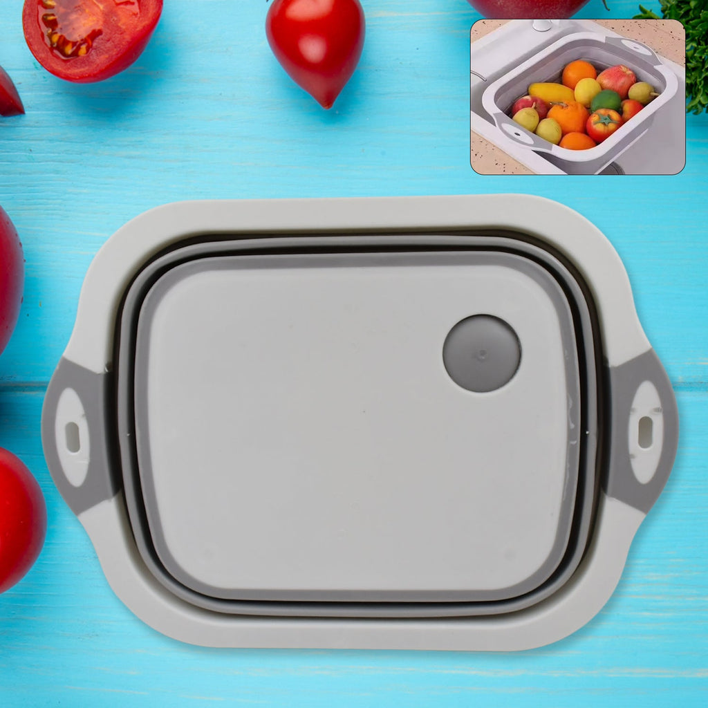 Collapsible cutting board and dish tub in its compact, space-saving design.