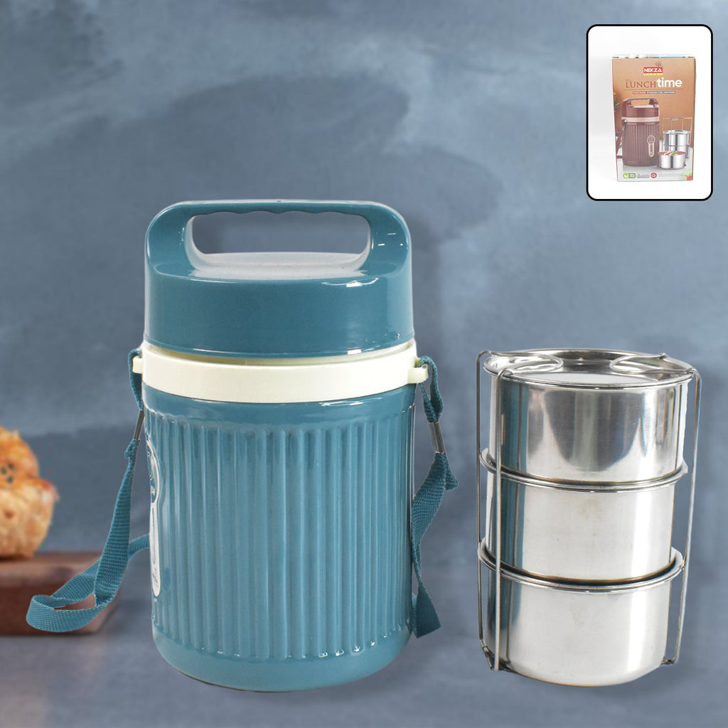 Three-compartment leakproof lunch box open, showcasing its spacious interior.