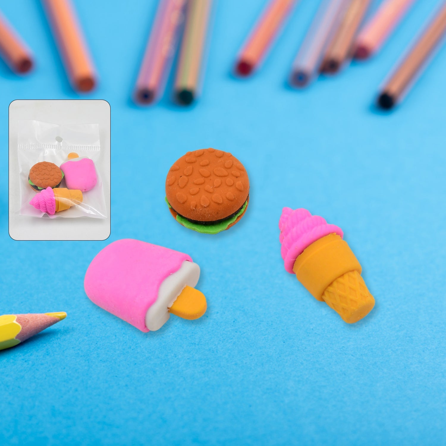 Colourful fancy erasers in a 3-piece set, ideal for kids' school supplies.