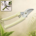 Ergonomic handle and safety lock mechanism on the gardening pruning shears.