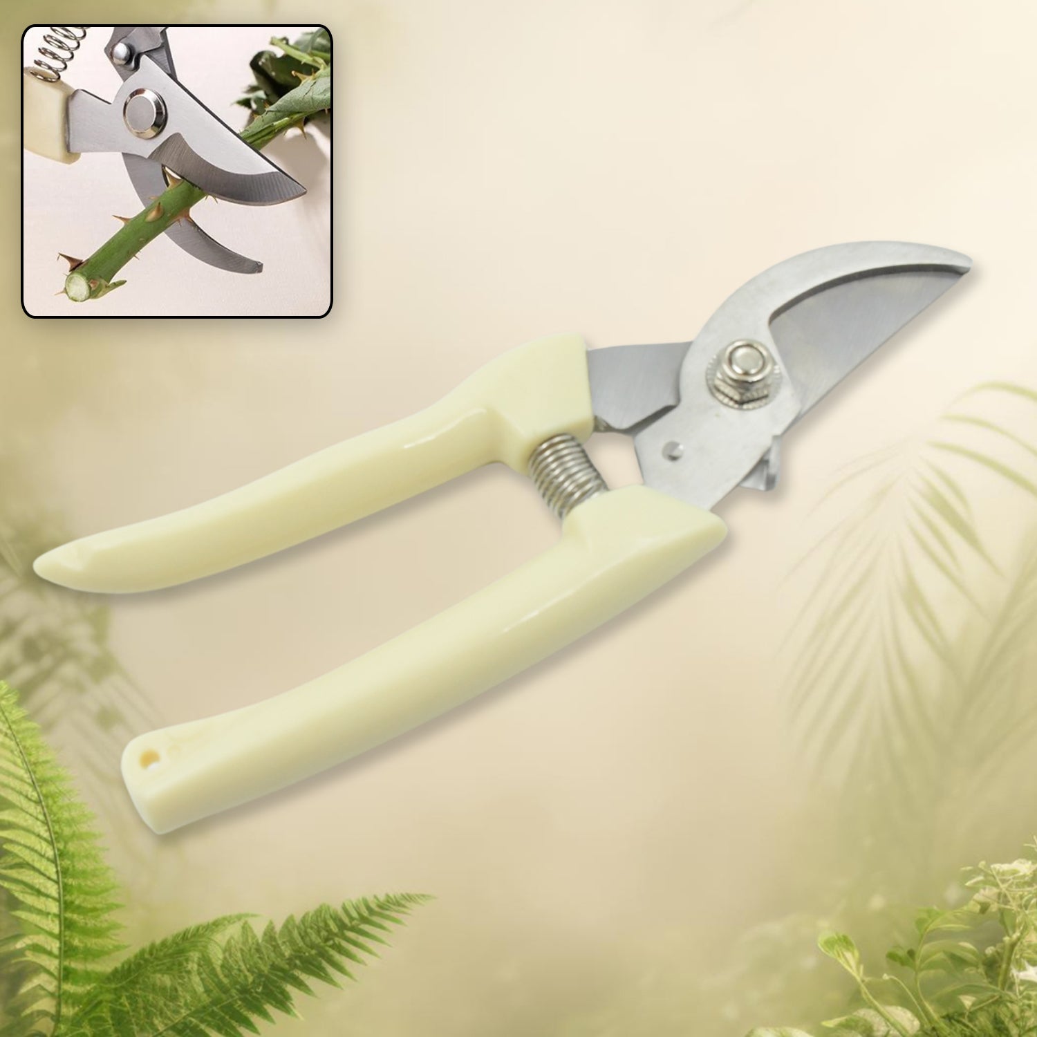 Ergonomic handle and safety lock mechanism on the gardening pruning shears.