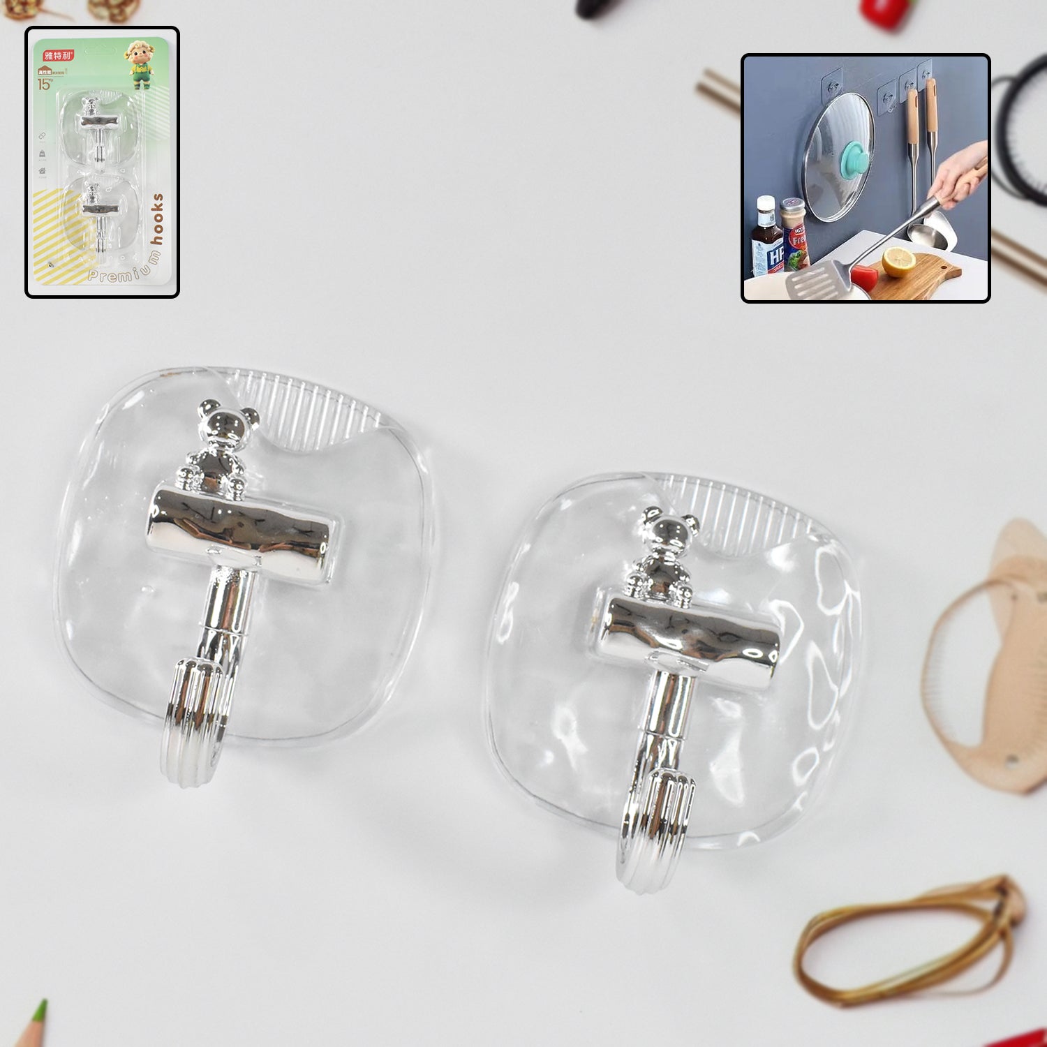 Plastic self adhesive wall hook mounted on wall holding items