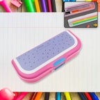 Vibrant cartoon pencil box with two compartments for kids' school supplies.