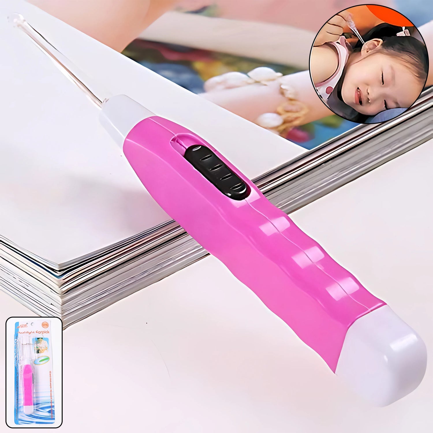Pink LED ear pick with built-in flashlight showing ear wax remover tool