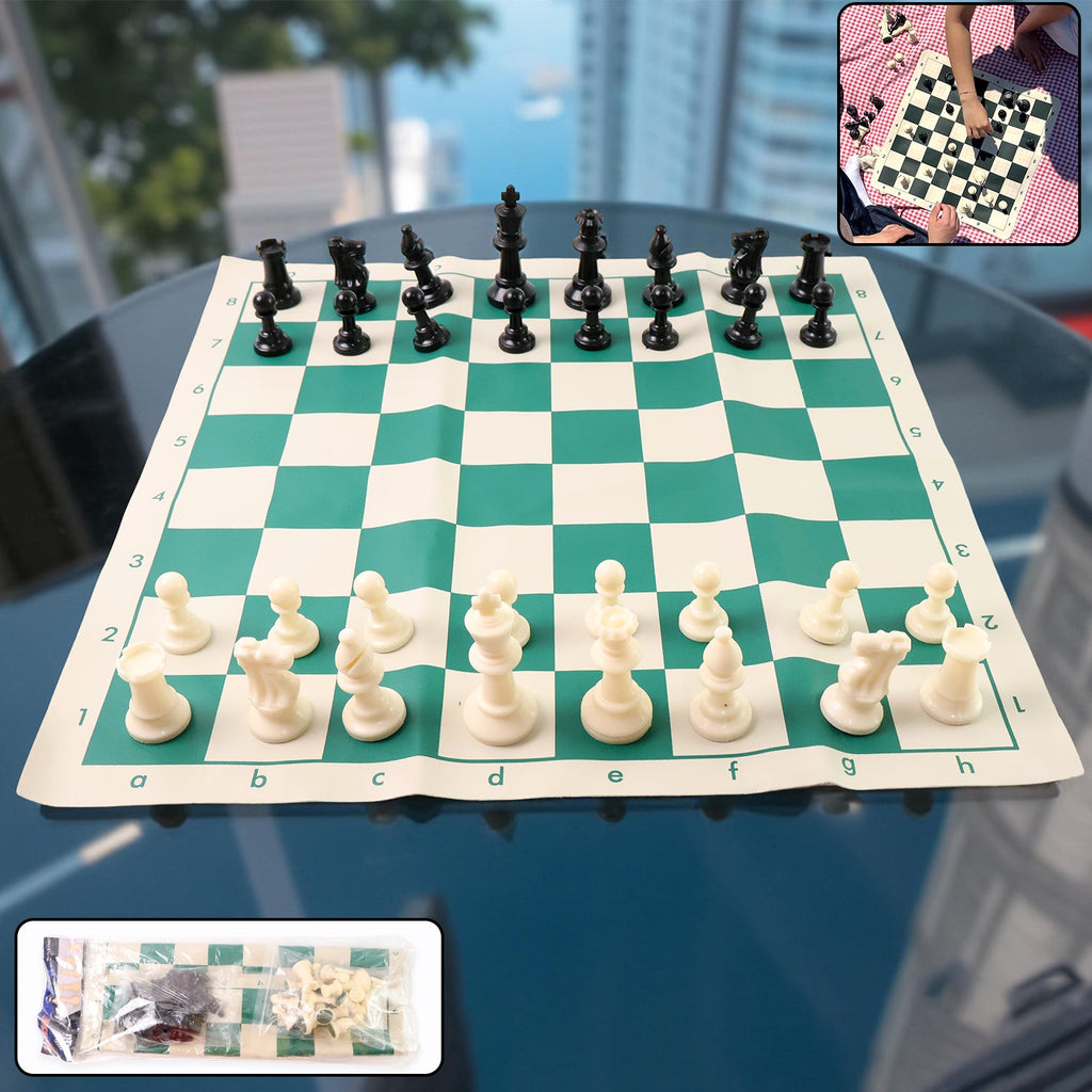 Portable chess set with big foldable vinyl board and black and white plastic pieces