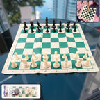Portable chess set with big foldable vinyl board and black and white plastic pieces