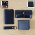 Stylish men's 4-in-1 PU leather wallet gift set showing wallet, keychain, and pouch