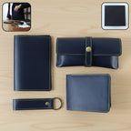 Stylish men's 4-in-1 PU leather wallet gift set showing wallet, keychain, and pouch