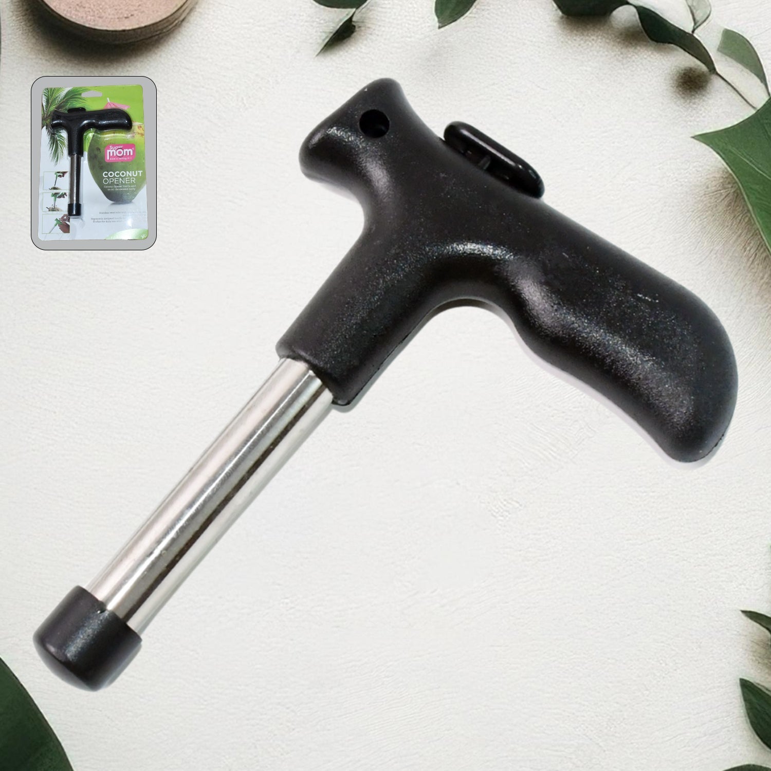 Coconut opener tool with ergonomic handle and stainless steel tube