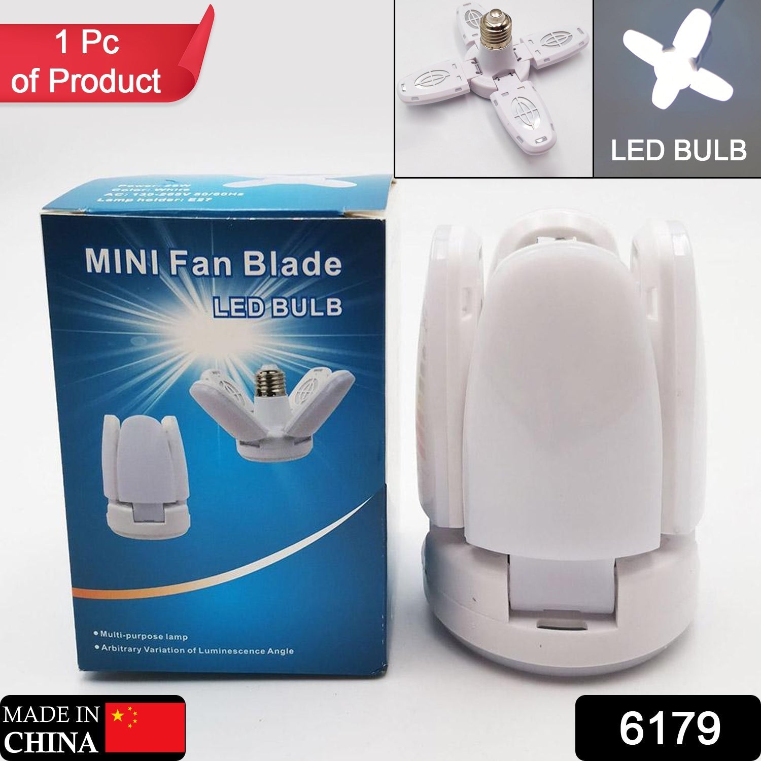 Foldable LED fan blade bulb showing compact folded blades