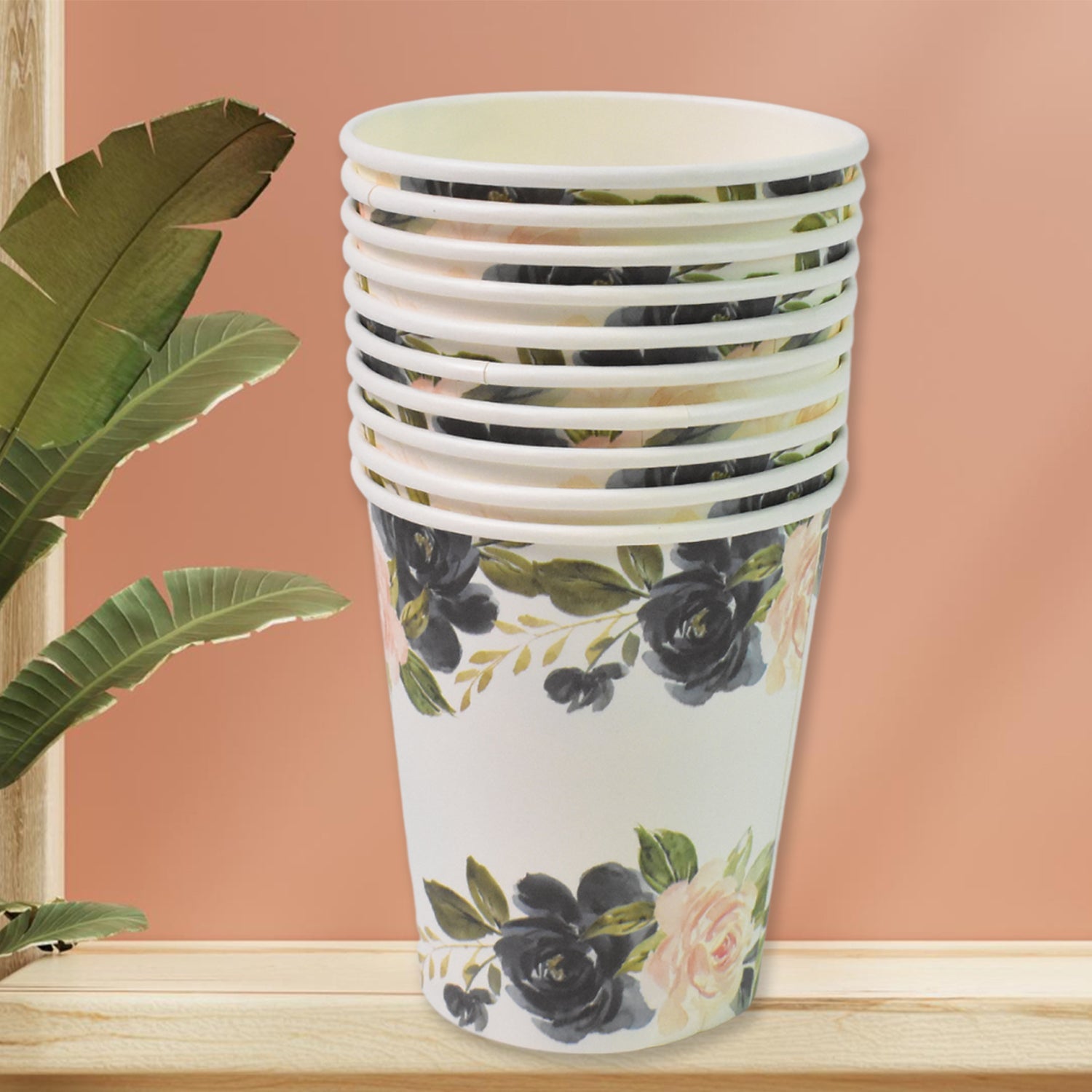 Variety of disposable paper cups showcasing different patterns, perfect for parties.