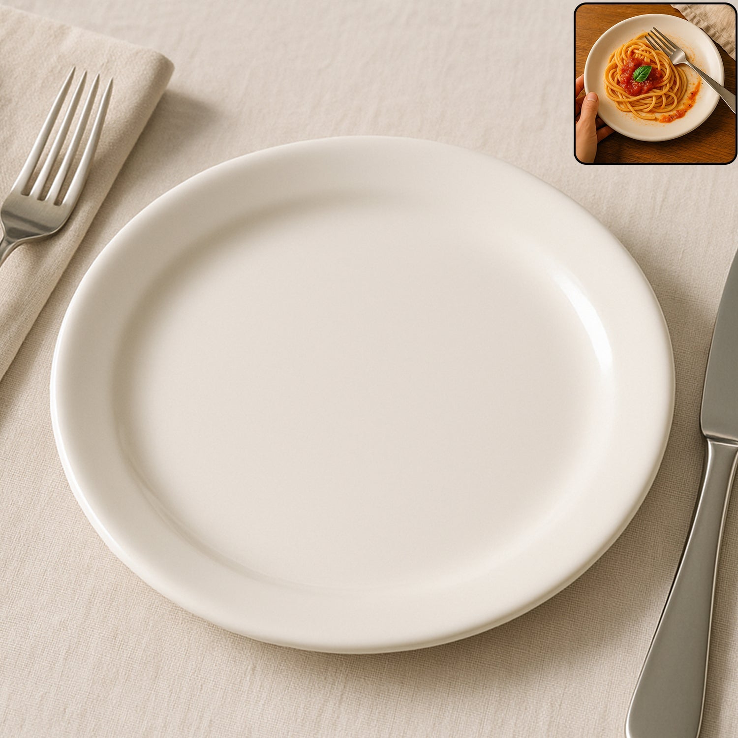 30 cm round dinner plate with glossy white finish on table