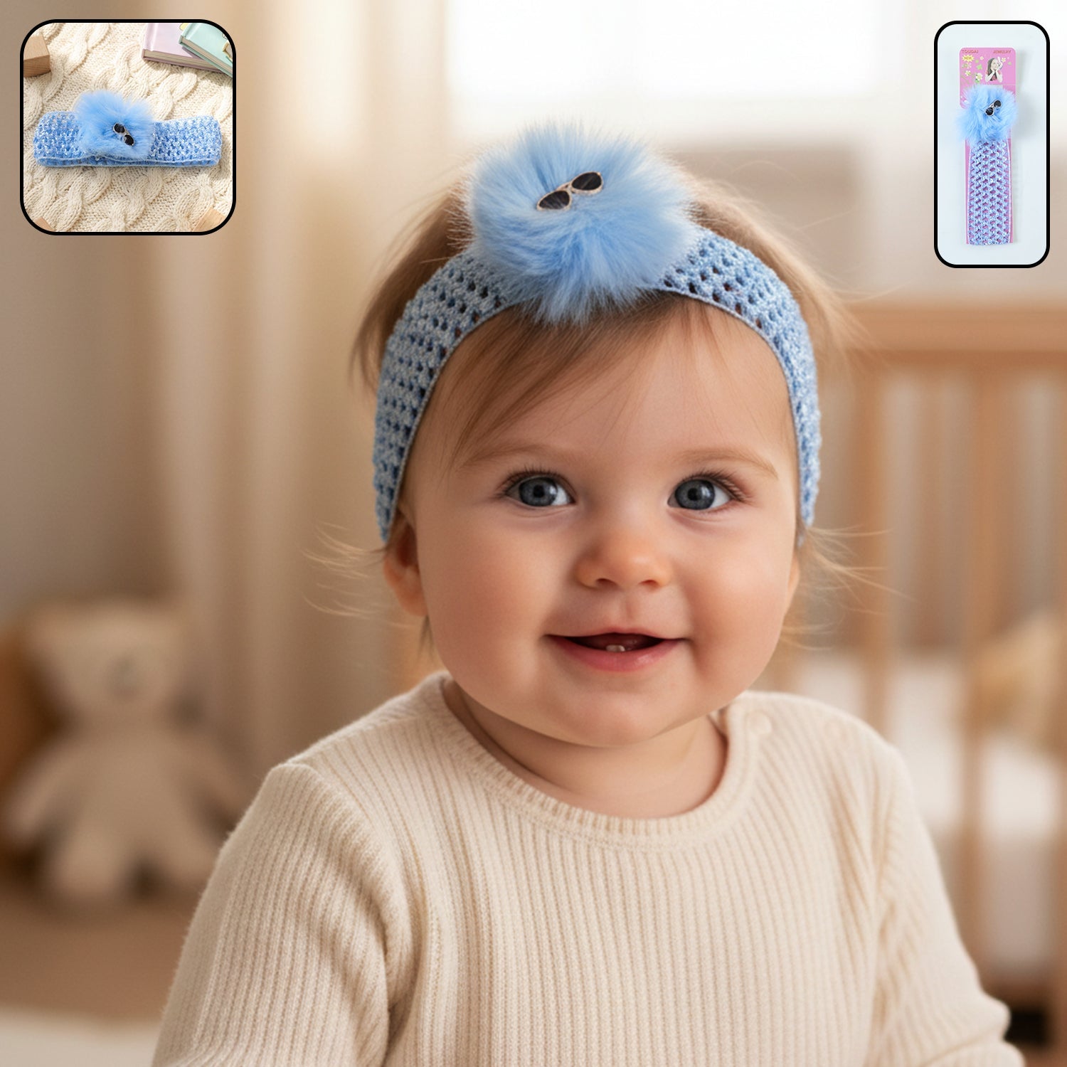 Cute baby girls headband with elastic stretch and pom pom
