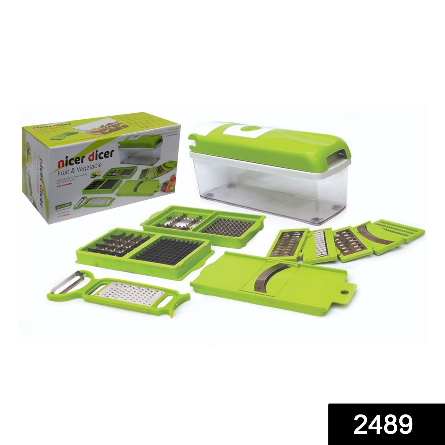 Close-up of the 13-in-1 vegetable chopper showing its top pressing mechanism.
