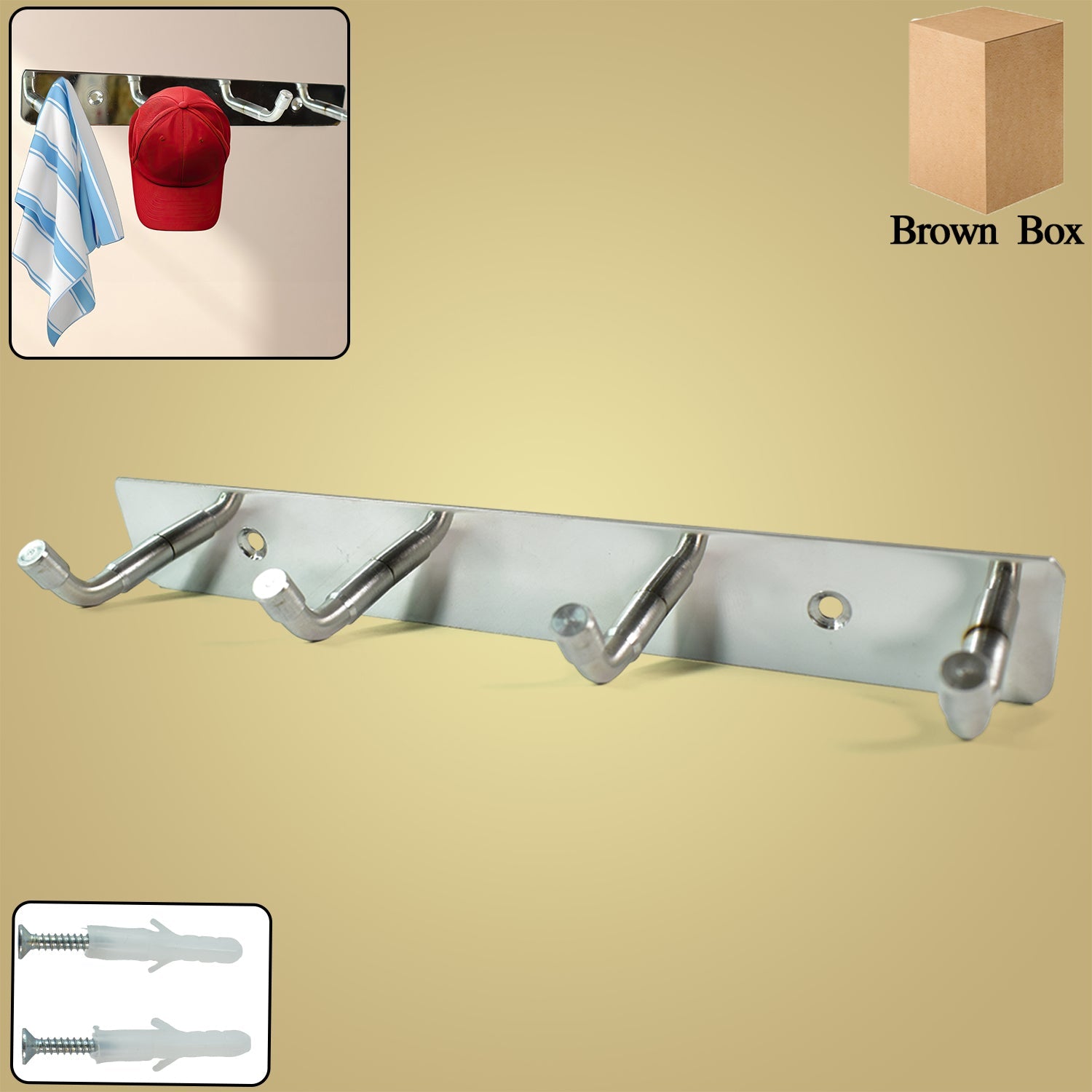 Stainless steel wall mounted coat hook rack with four hooks installed on a wall