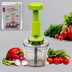 CookAura manual vegetable chopper shown in use, dicing onions on a kitchen countertop.