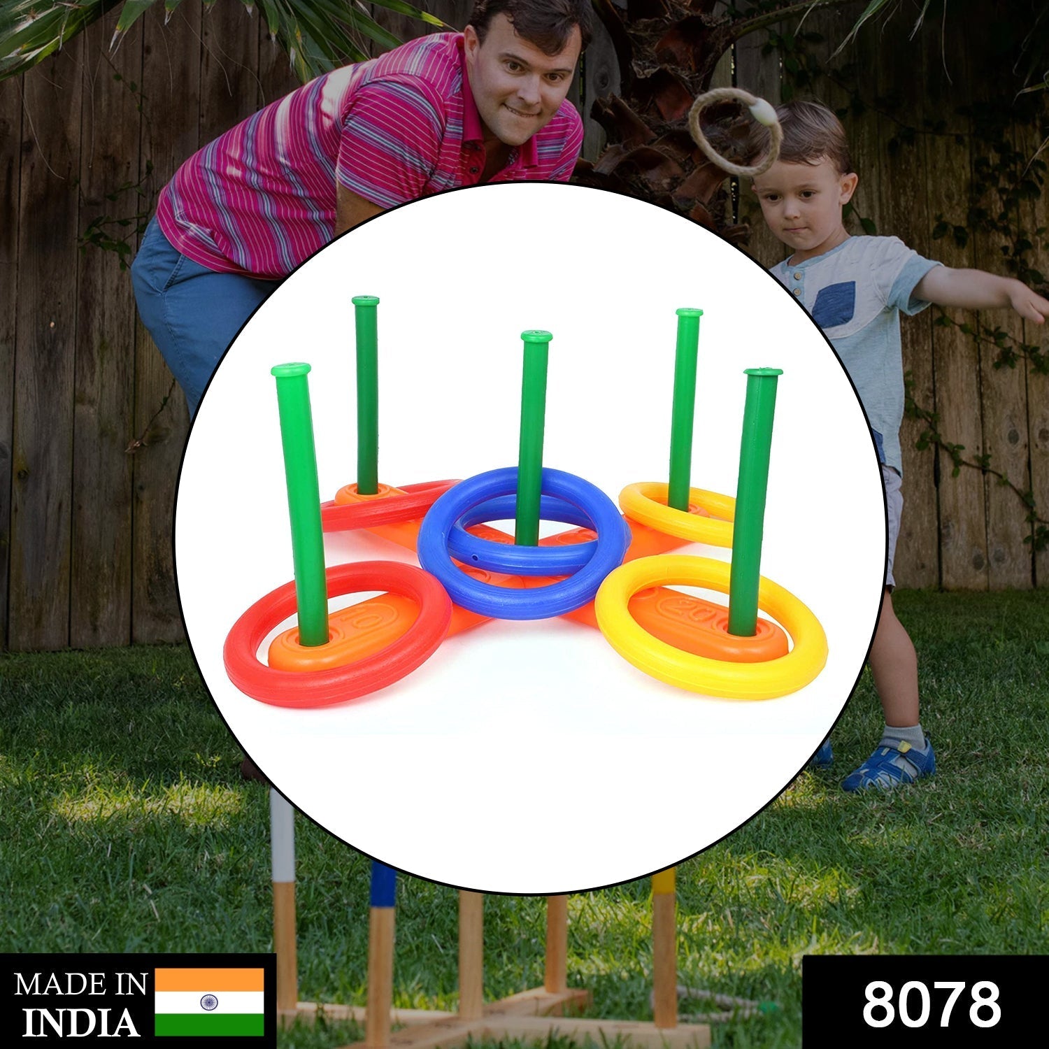 Children joyfully playing with the colorful Ring Toss Game outdoors.