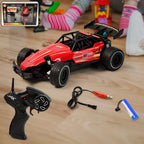 Front view of remote control red off-road racing car displaying rugged design
