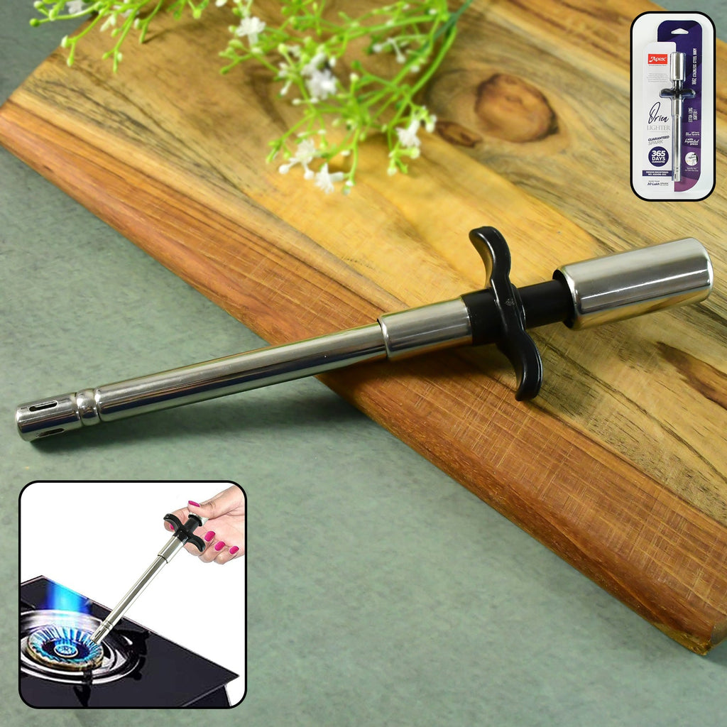 Stainless steel gas stove lighter with long shaft on a kitchen countertop