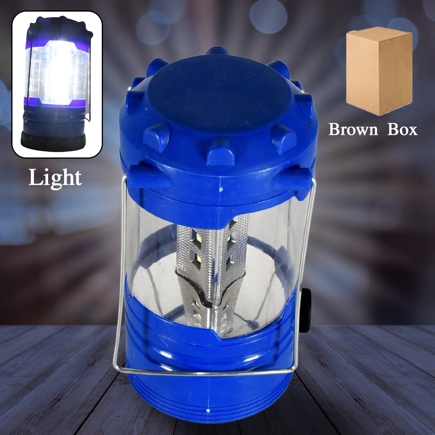 Front view of the efficient 12 LED camping lantern, ready for use.