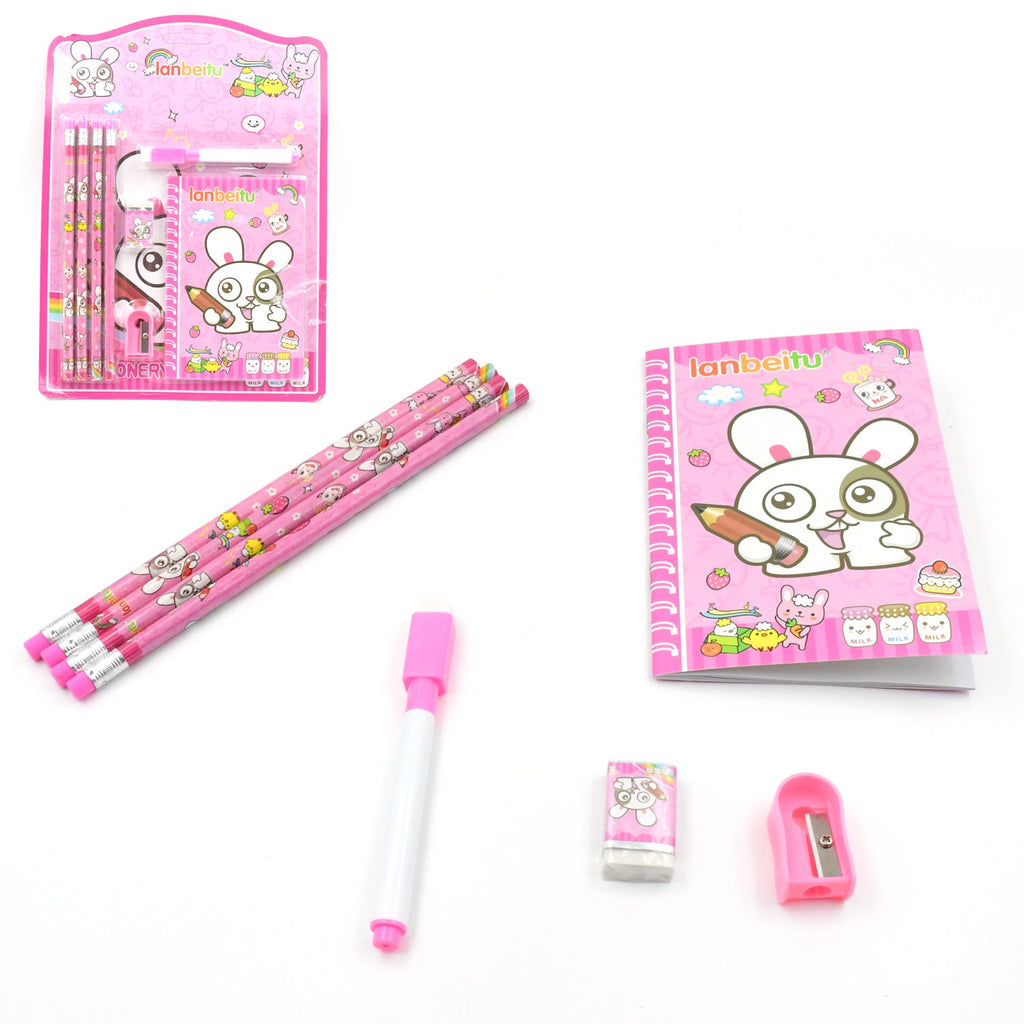 Complete Kids' Stationery Kit for school, including pencils, sharpener, and eraser.