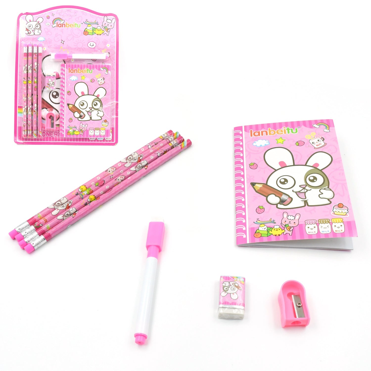 Complete Kids' Stationery Kit for school, including pencils, sharpener, and eraser.