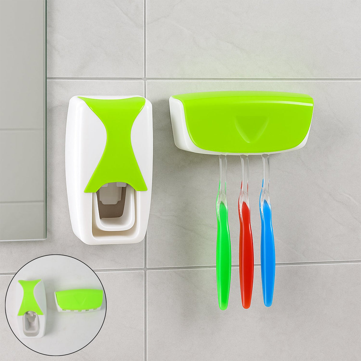 Automatic toothpaste dispenser with integrated toothbrush holder mounted on a bathroom wall.
