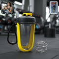 Yellow plastic shaker bottle with handle and whisk ball for smooth protein drinks