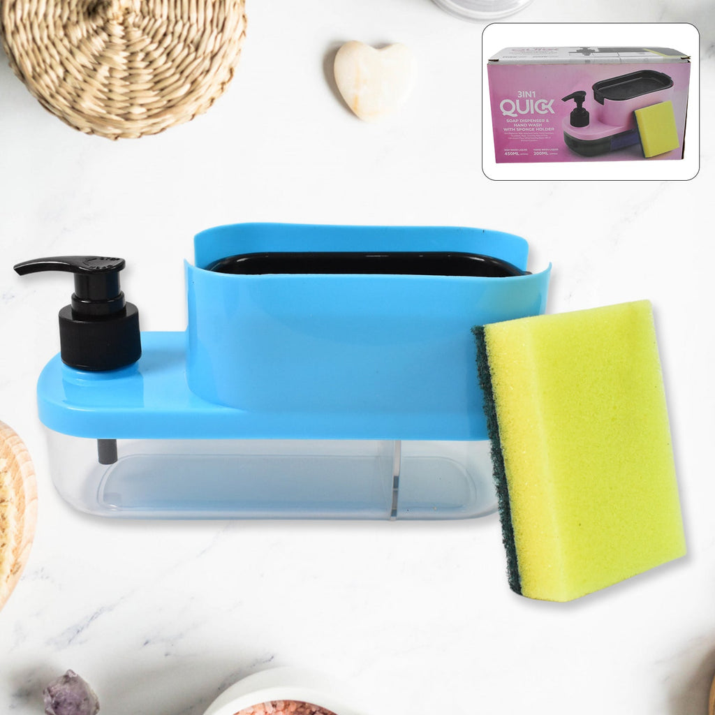 3-in-1 Soap Dispenser with sponge holder neatly placed on a modern kitchen sink.